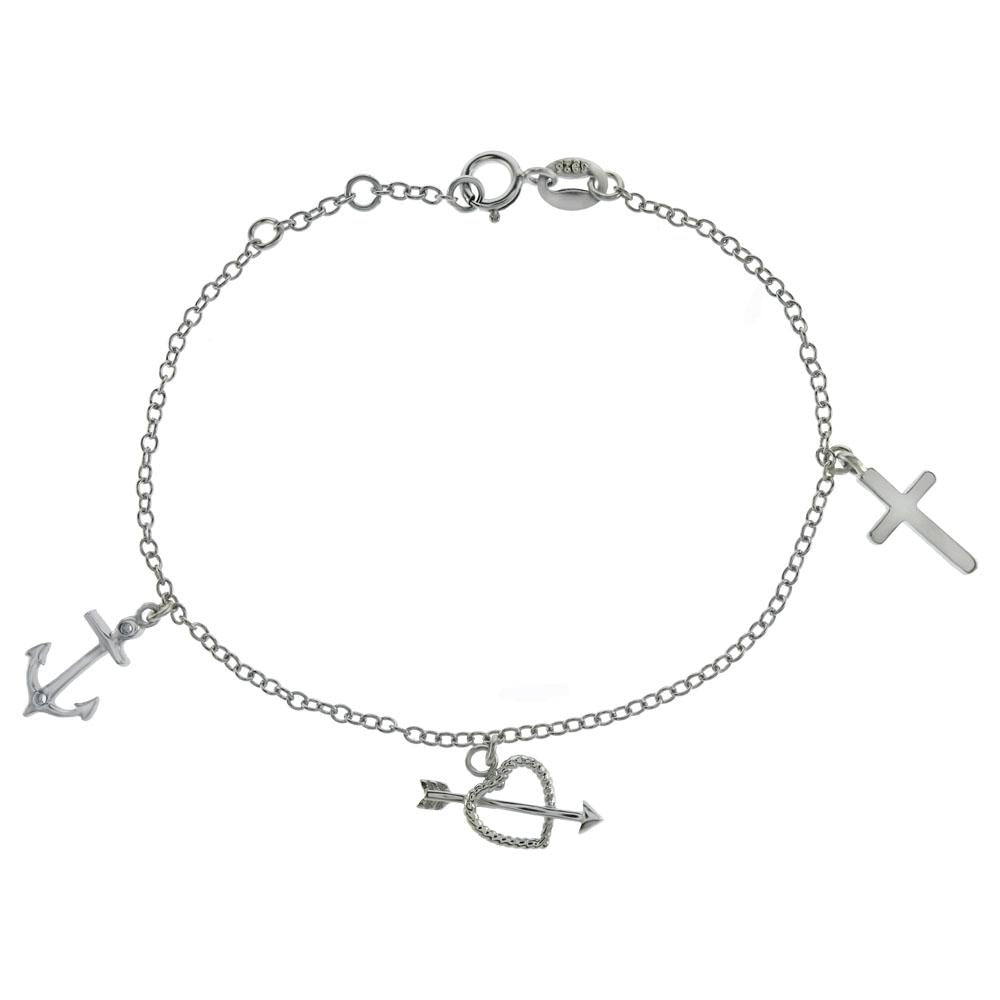 Sterling Silver Rolo W Dangle Charm Rhodium Bracelet