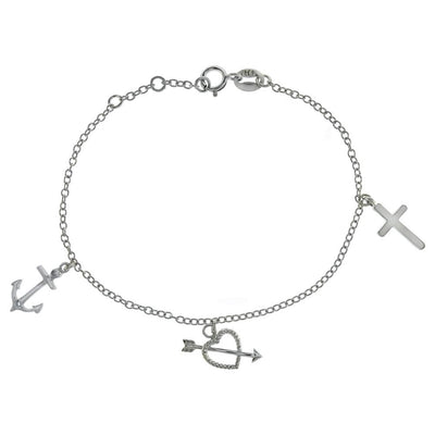 Sterling Silver Rolo W Dangle Charm Rhodium Bracelet