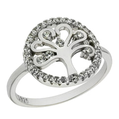Sterling Silver Cubic Zirconia Tree Of Life Rhodium Ring