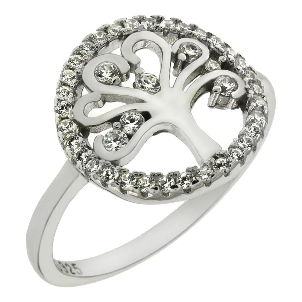 Sterling Silver Cubic Zirconia Tree Of Life Rhodium Ring