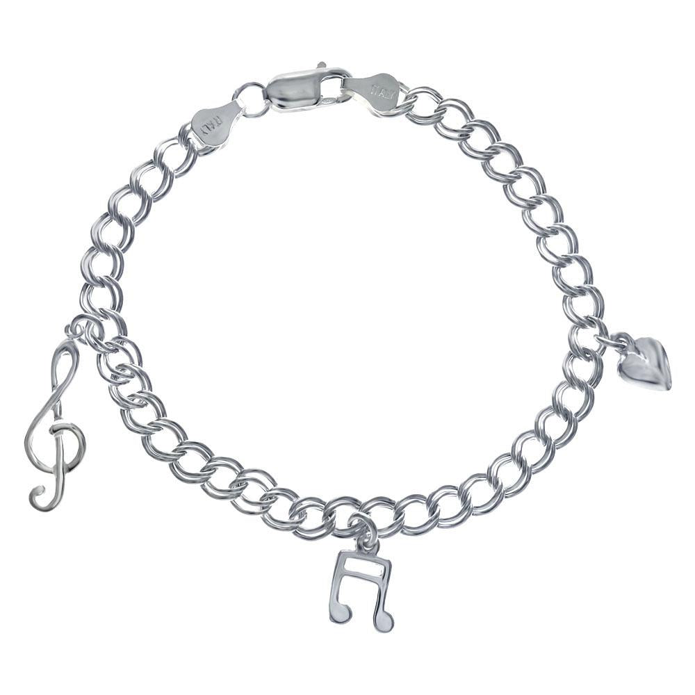 Sterling Silver Musical Note And Heart Dangle Charms Bracelet