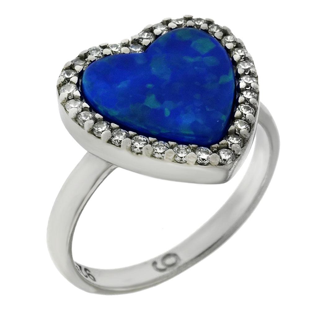 Sterling Silver Simulated Blue Opal Heart W. CZ Sterling Silver Ring