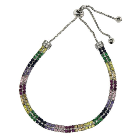 Sterling Silver Multi Color Double Lines CZ Adjustable Rhodium Bracelet