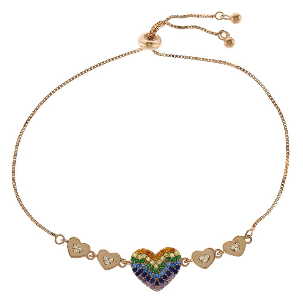 Sterling Silver 0.8mm Box Chain W. Multi Color CZ Heart Rose Gold Plated Adjustable Bracelet