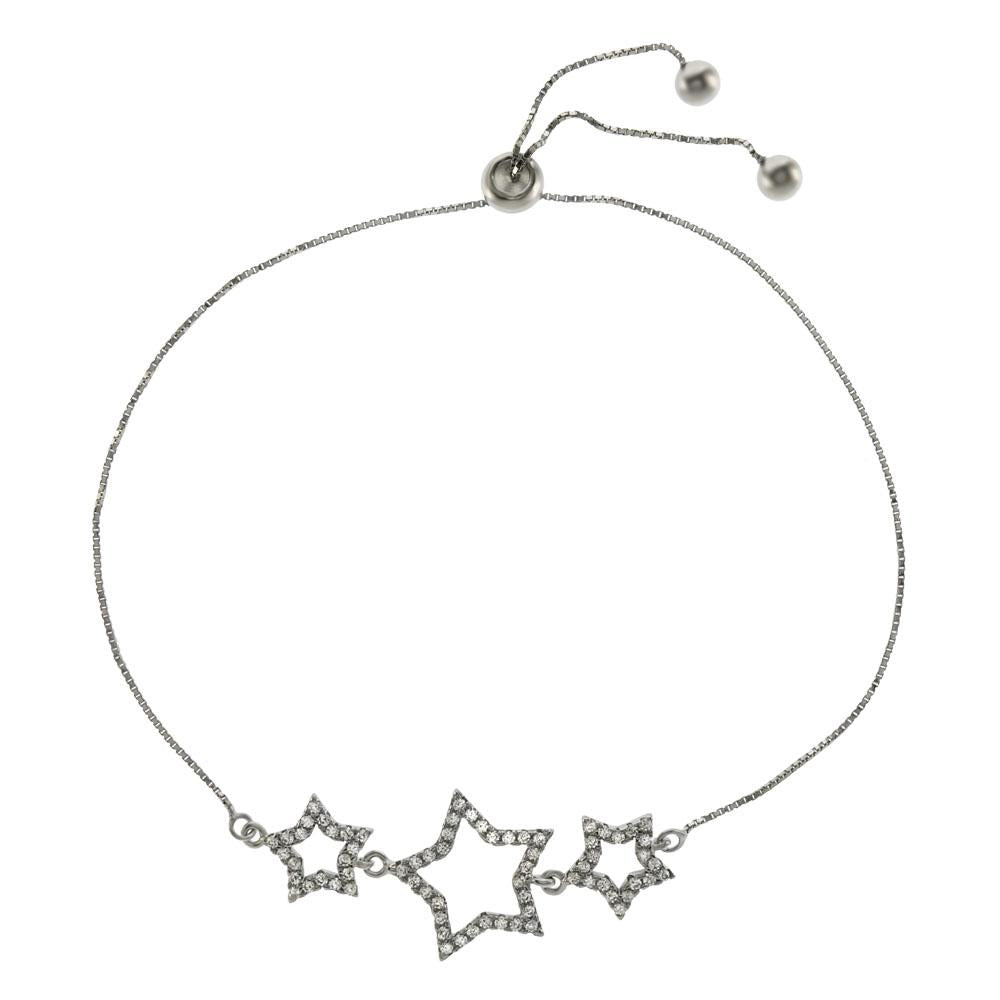 Sterling Silver CZ Star W. 0.8mm Box Chain Sterling Silver Rhodium Adjustable Bracelet