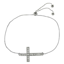 Load image into Gallery viewer, Sterling Silver Rhodium 0.8mm Box Chain W. CZ Side Cross Adjustable Bracelet