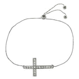 Sterling Silver Rhodium 0.8mm Box Chain W. CZ Side Cross Adjustable Bracelet