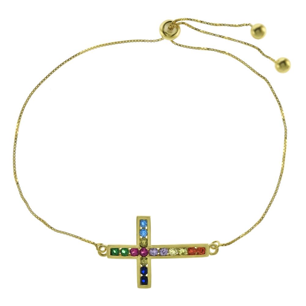 Sterling Silver 0.8mm Box Chain W. Multi Color CZ Side Cross Gold Plated Adjustable Bracelet