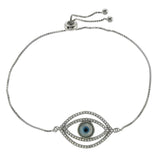 Sterling Silver 0.8mm Box Chain W. CZ Evil Eye Adjustable Rhodium Bracelet