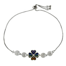 Load image into Gallery viewer, Multi Color Four-leaf clover CZ W. 0.8mm Box Chain Adjustable Rhodium Bracelet