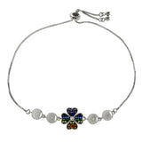 Multi Color Four-leaf clover CZ W. 0.8mm Box Chain Adjustable Rhodium Bracelet