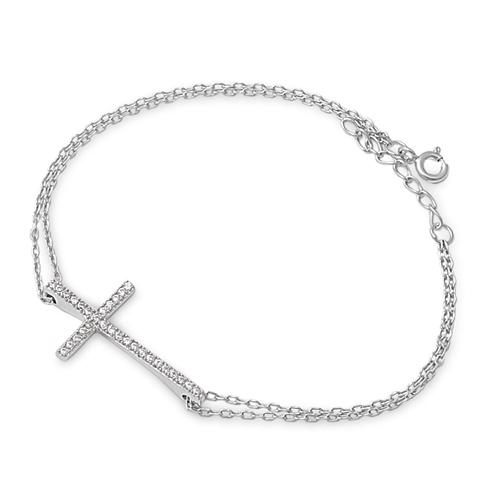 Sterling Silver W/CZ-Sideway Cross Bracelet