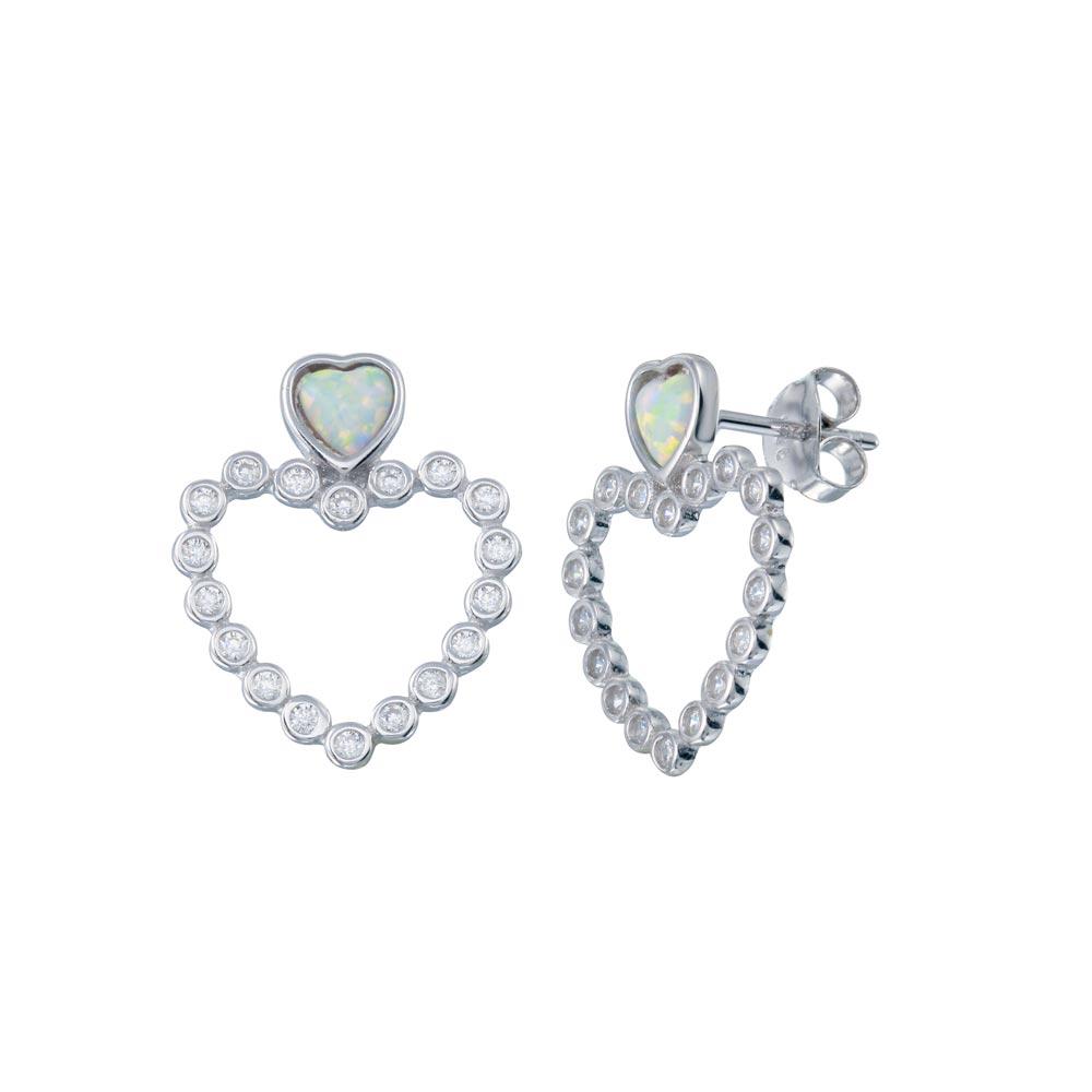 Sterling Silver Rhodium Plated Open Heart Bubble CZ Stud Earrings