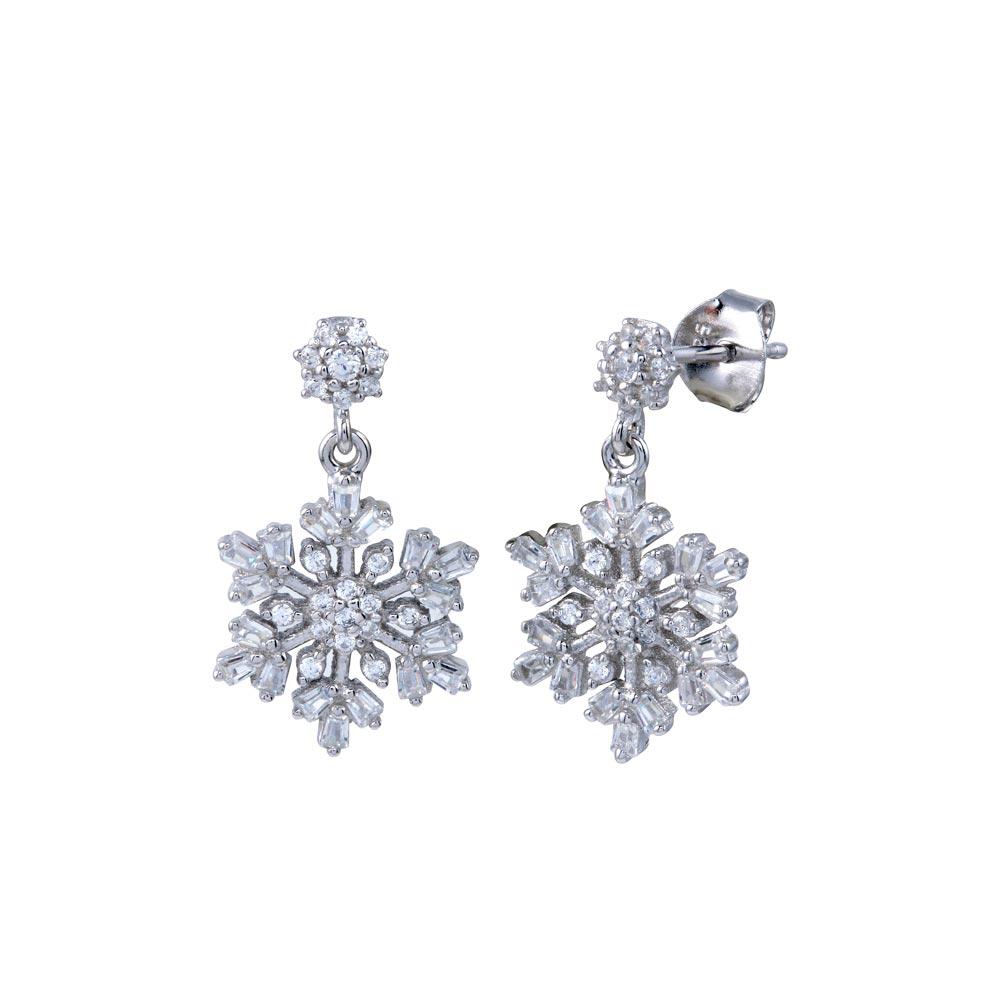 Sterling Silver Rhodium Plated Dangling CZ Snow Flakes Earrings