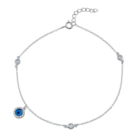 Sterling Silver Rhodium Plated Evil Eye CZ Link Anklet