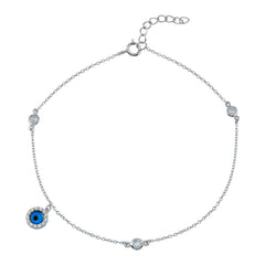 Sterling Silver Rhodium Plated Evil Eye CZ Link Anklet