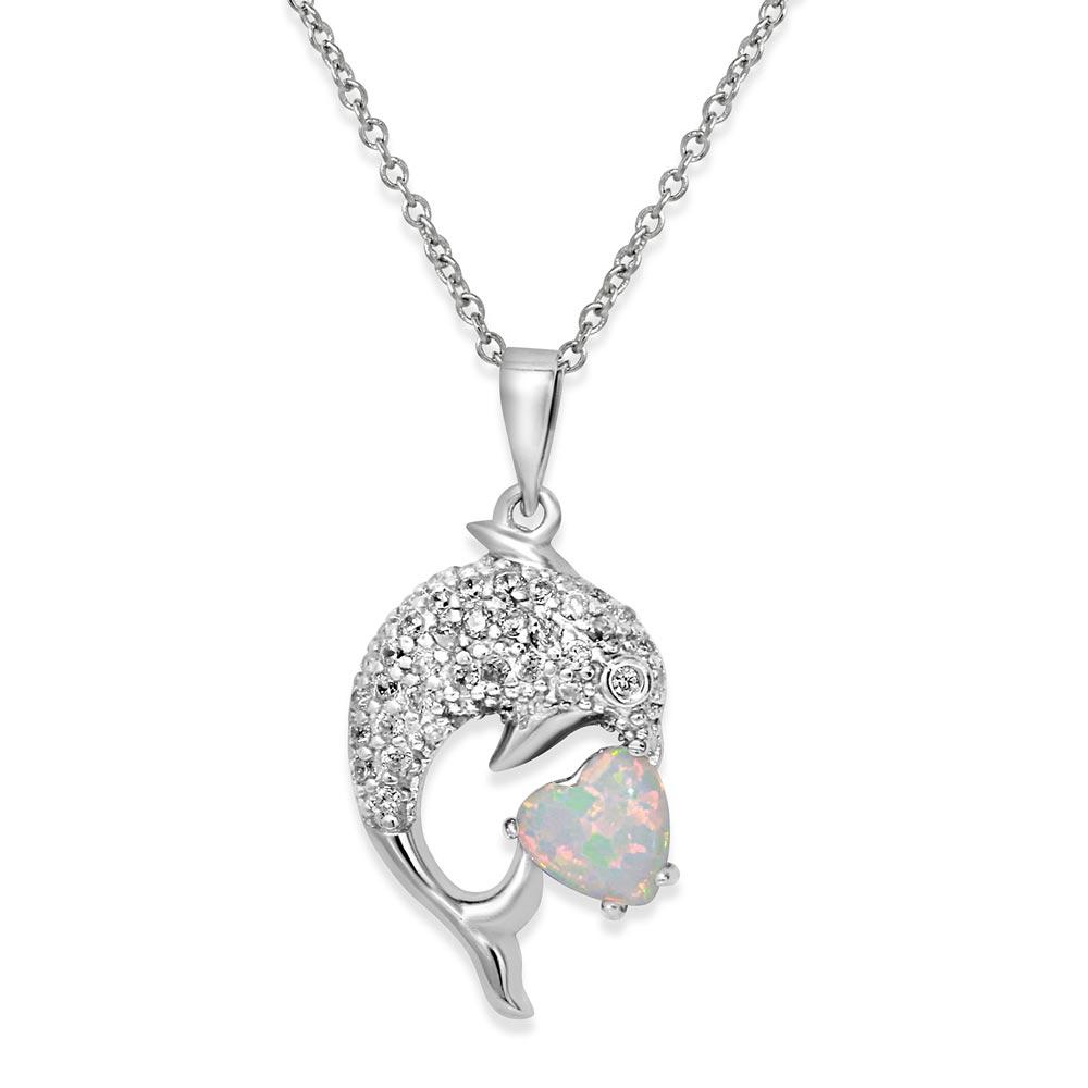 Sterling Silver Rhodium Plated CZ Dolphin With Heart Necklace