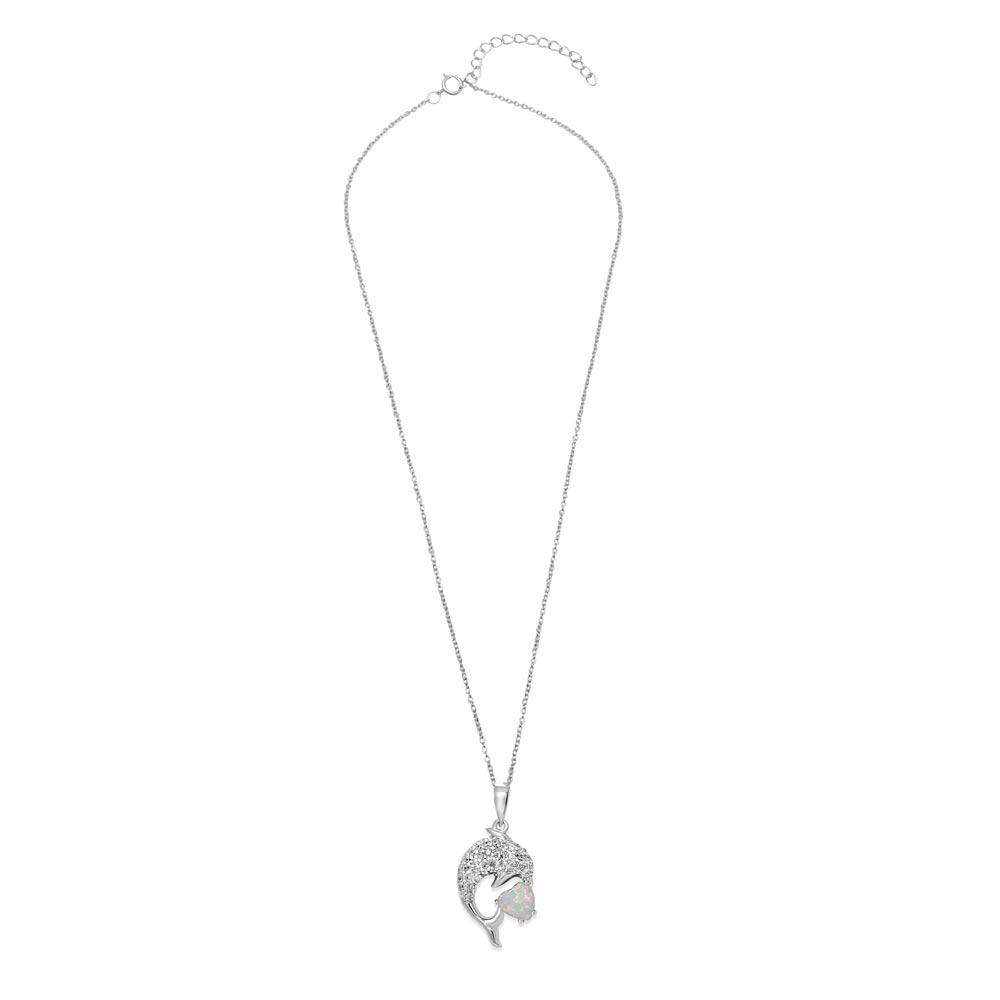 Sterling Silver Rhodium Plated CZ Dolphin With Heart Necklace