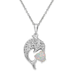 Sterling Silver Rhodium Plated CZ Dolphin With Heart Necklace