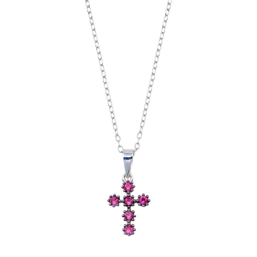Sterling Silver Rhodium Plated Cross Pink CZ Necklace