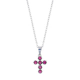 Sterling Silver Rhodium Plated Cross Pink CZ Necklace
