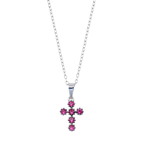 Sterling Silver Rhodium Plated Cross Pink CZ Necklace