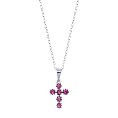 Sterling Silver Rhodium Plated Cross Pink CZ Necklace