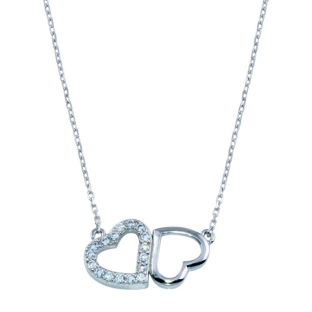 Sterling Silver Rhodium Plated CZ Twin Hearts Necklace
