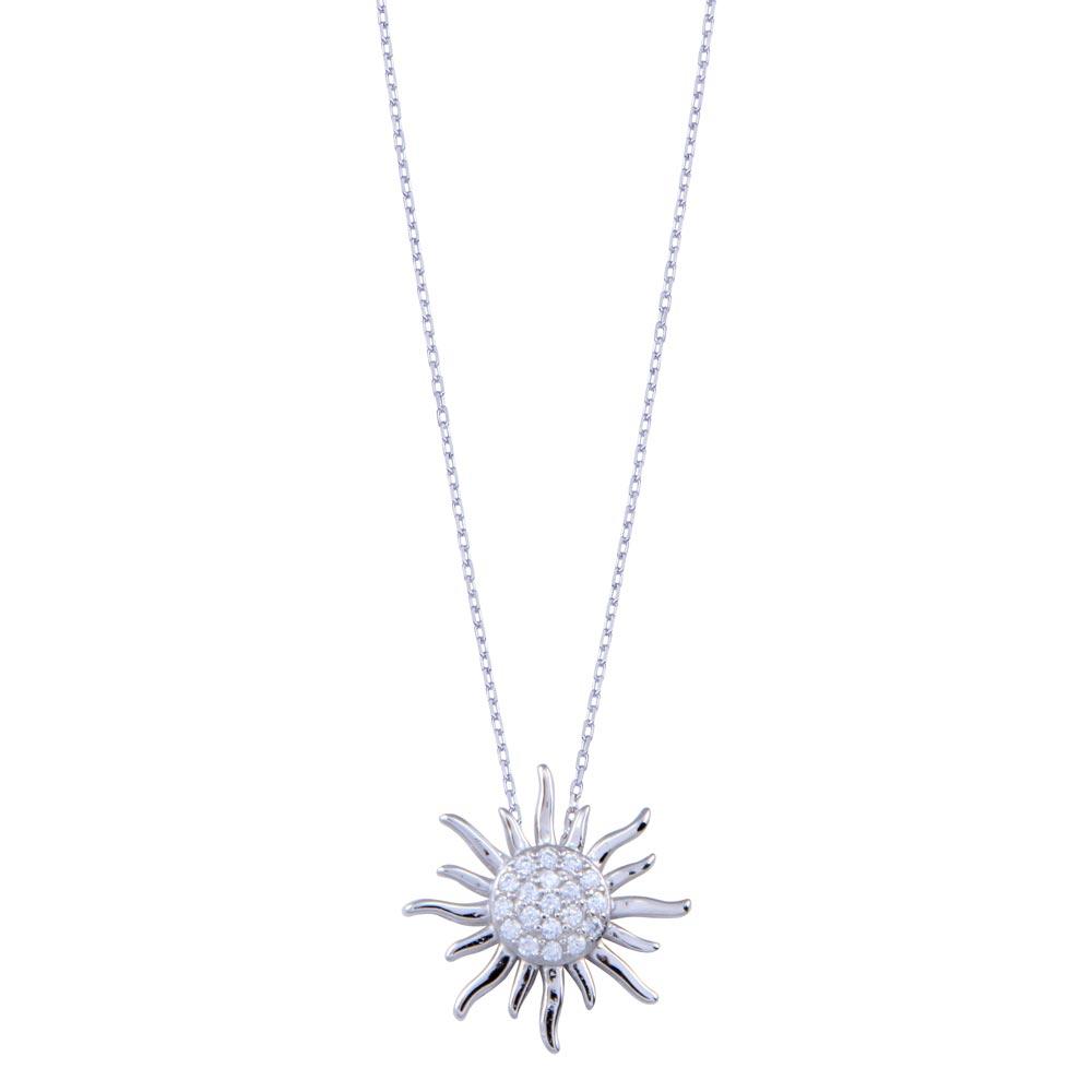 Sterling Silver Rhodium Plated Clear CZ Sun Necklace