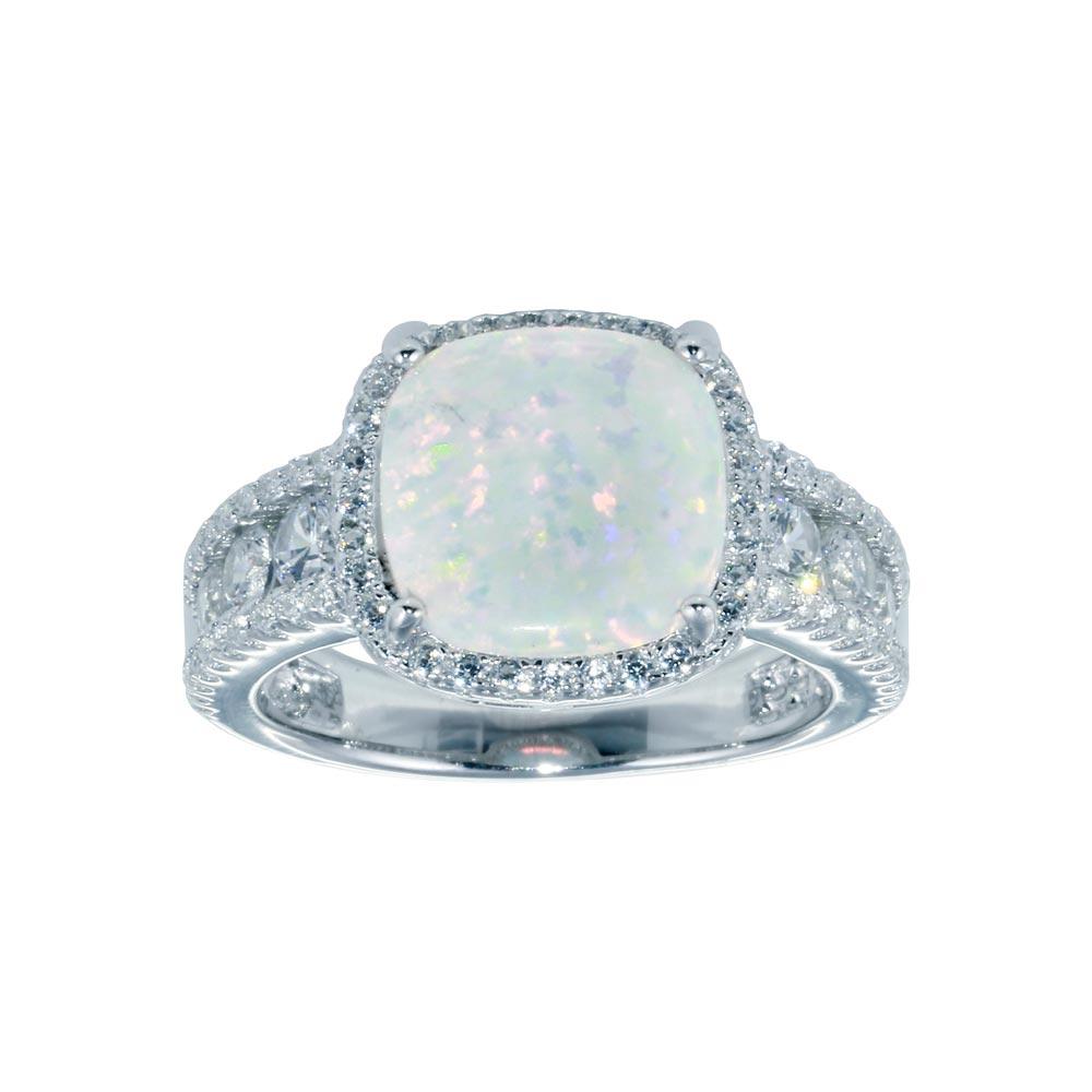 Sterling Silver Rhodium Plated Opal Stone With CZ Ring