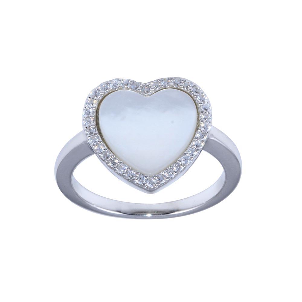 Sterling Silver Rhodium Plated Opal Stone Heart With CZ Ring