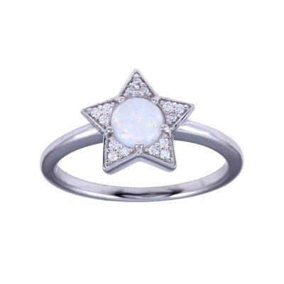 Sterling Silver Rhodium Plated Opal Stone Star With CZ Ring