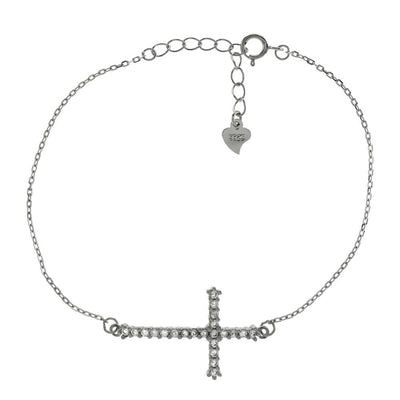 Sterling Silver Rolo D/C W. Side Cross CZ Rhodium Bracelet