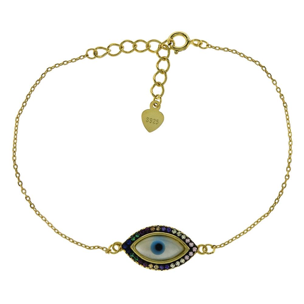 Sterling Silver Multi Color CZ Evil Eye W. Cable D/C Gold Plated Bracelet