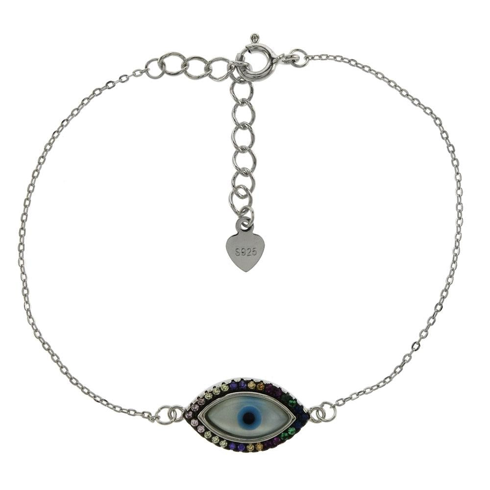 Sterling Silver Multi Color CZ Evil Eye W. Cable D/C Rhodium Bracelet