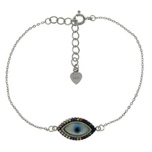 Load image into Gallery viewer, Sterling Silver Multi Color CZ Evil Eye W. Cable D/C Rhodium Bracelet