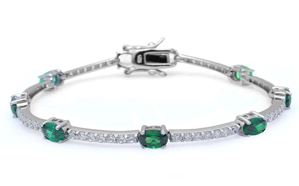Sterling Silver Oval and Round Emerald Cubic Zirconia .925 Bracelet And Width 4mm