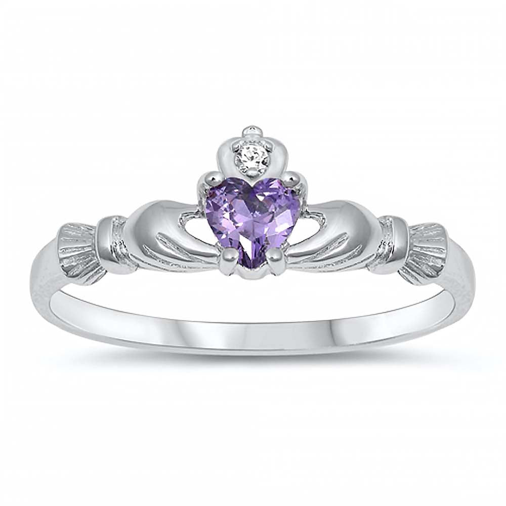 Sterling Silver Rhodium Plated Prong-Set Heart Amethyst Cz Baby Ring with Ring Face Height of 7MM