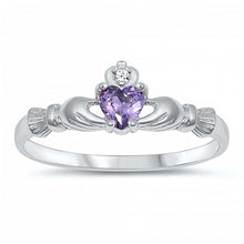 Load image into Gallery viewer, Sterling Silver Rhodium Plated Prong-Set Heart Amethyst Cz Baby Ring with Ring Face Height of 7MM