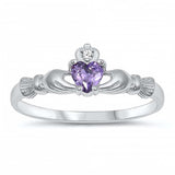 Sterling Silver Rhodium Plated Prong-Set Heart Amethyst Cz Baby Ring with Ring Face Height of 7MM