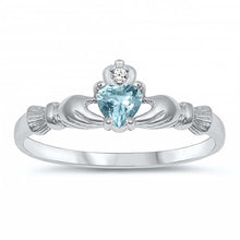 Load image into Gallery viewer, Sterling Silver Rhodium Plated Prong-Set Heart Aquamarine Cz Baby Ring with Ring Face Hright of 7MM