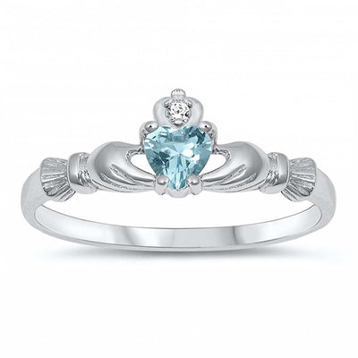 Sterling Silver Rhodium Plated Prong-Set Heart Aquamarine Cz Baby Ring with Ring Face Hright of 7MM
