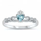 Sterling Silver Rhodium Plated Prong-Set Heart Aquamarine Cz Baby Ring with Ring Face Hright of 7MM