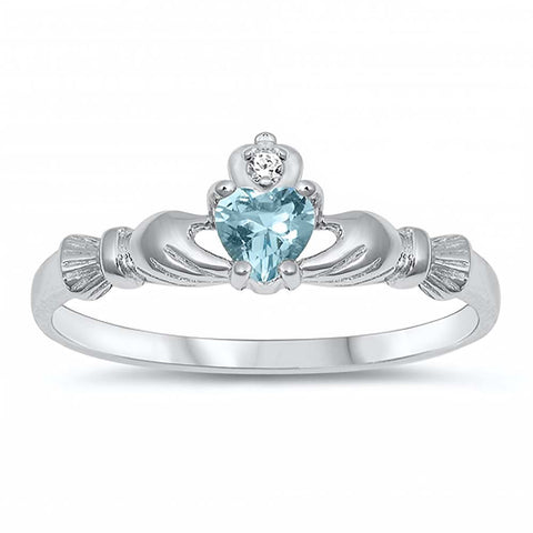 Sterling Silver Rhodium Plated Prong-Set Heart Aquamarine Cz Baby Ring with Ring Face Hright of 7MM