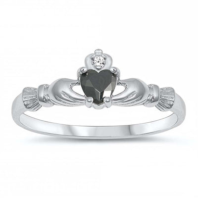 Sterling Silver Rhodium Plated Prong-Set Heart Black Cz Bqby Ring with Ring Face Height of 7MM