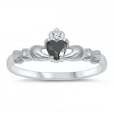 Sterling Silver Rhodium Plated Prong-Set Heart Black Cz Bqby Ring with Ring Face Height of 7MM