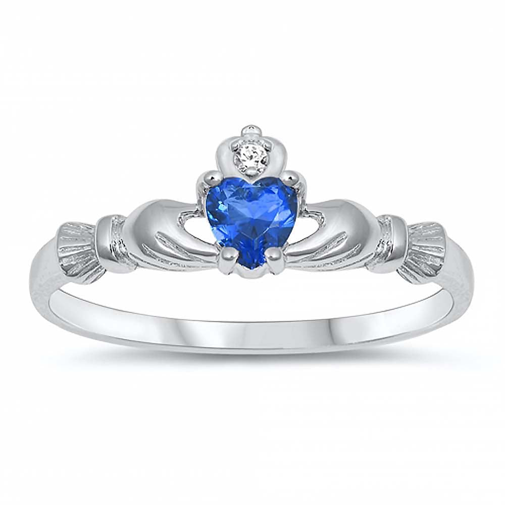 Sterling Silver Rhodium Plated Prong-Set Heart Blue Sapphire Cz Baby Ring with Ring Face Height of 7MM
