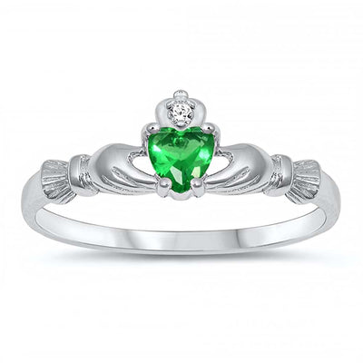 Sterling Silver Rhodium Plated Prong-Set Heart Emerald Cz Baby Ring with Ring Face Height of 7MM