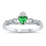 Sterling Silver Rhodium Plated Prong-Set Heart Emerald Cz Baby Ring with Ring Face Height of 7MM