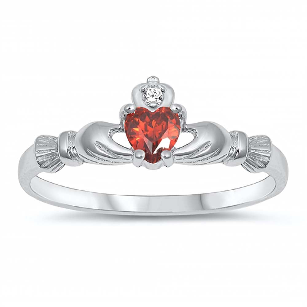 Sterling Silver Rhodium Plated Prong-Set Heart Garnet Cz Baby Ring with Ring Face Height of 7MM